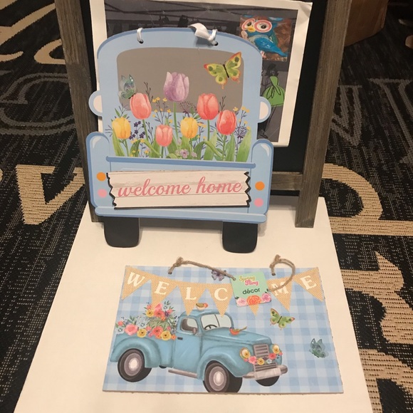 Welcome Floral Blue Truck Hanging Wall Sign Set - Picture 2 of 16